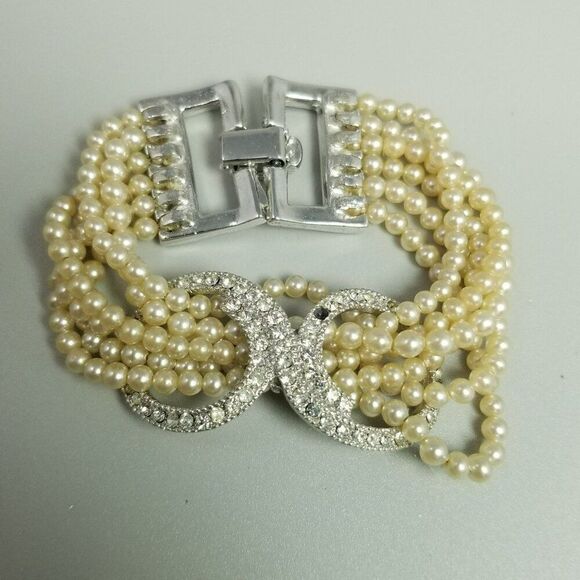 Vintage Six Strand Faux Pearl and Rhinestone Clasp Bracelet, Retro Fancy Formal - Picture 4 of 10